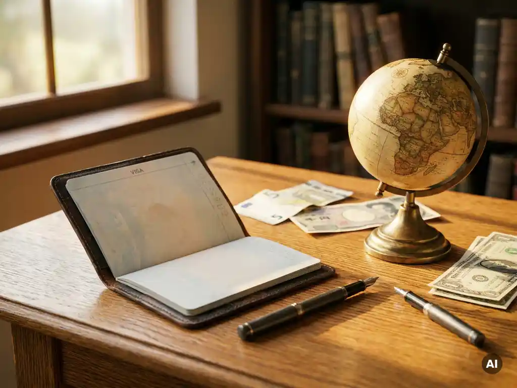 Worn leather passport open on an oak desk beside a globe, with international currency notes and a pen in warm golden-hour light.