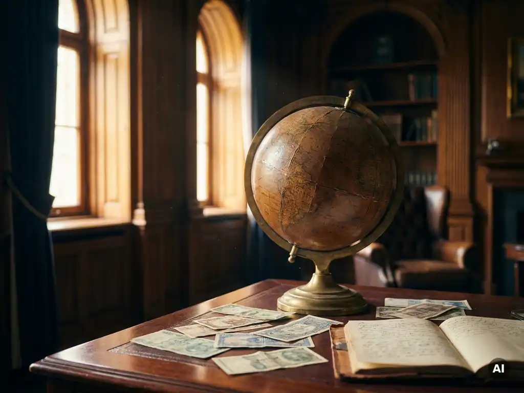 Vintage globe with worn leather meridians on a mahogany desk surrounded by international currency and an open leather notebook in golden-hour light.